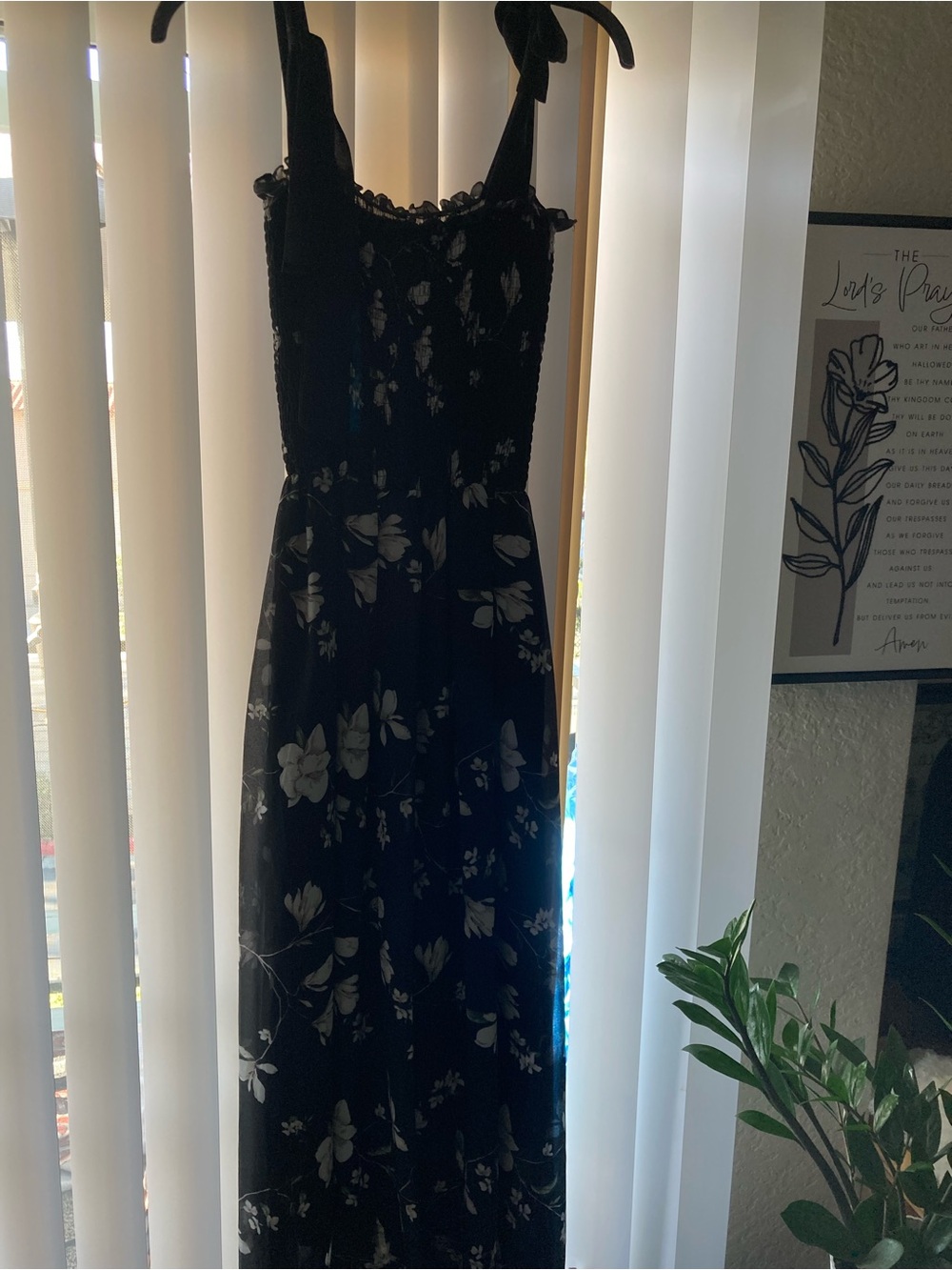 SHEIN Black Floral Maxi Dress with Smocked Bodice and Tie Straps
